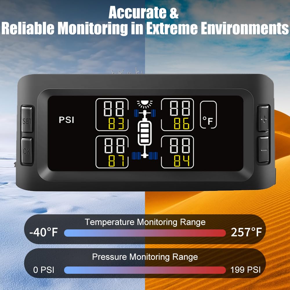 RV TPMS Tire Pressure Monitoring System Solar Display 4 Sensors Real Time Alerts Wireless Monitoring