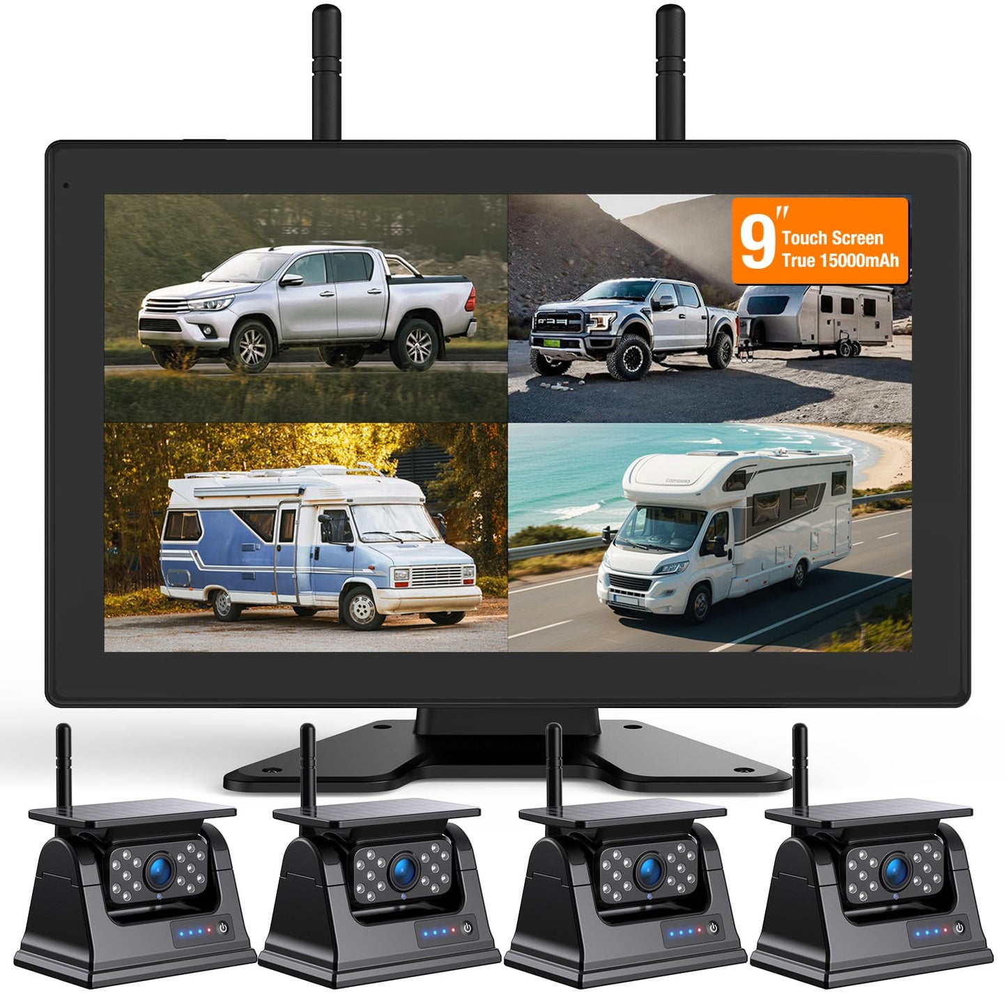 Solar Wireless Backup Camera System with 7" Monitor 4CH DVR 15000mAh Battery Loop Recording HD Night Vision No-Wiring Install