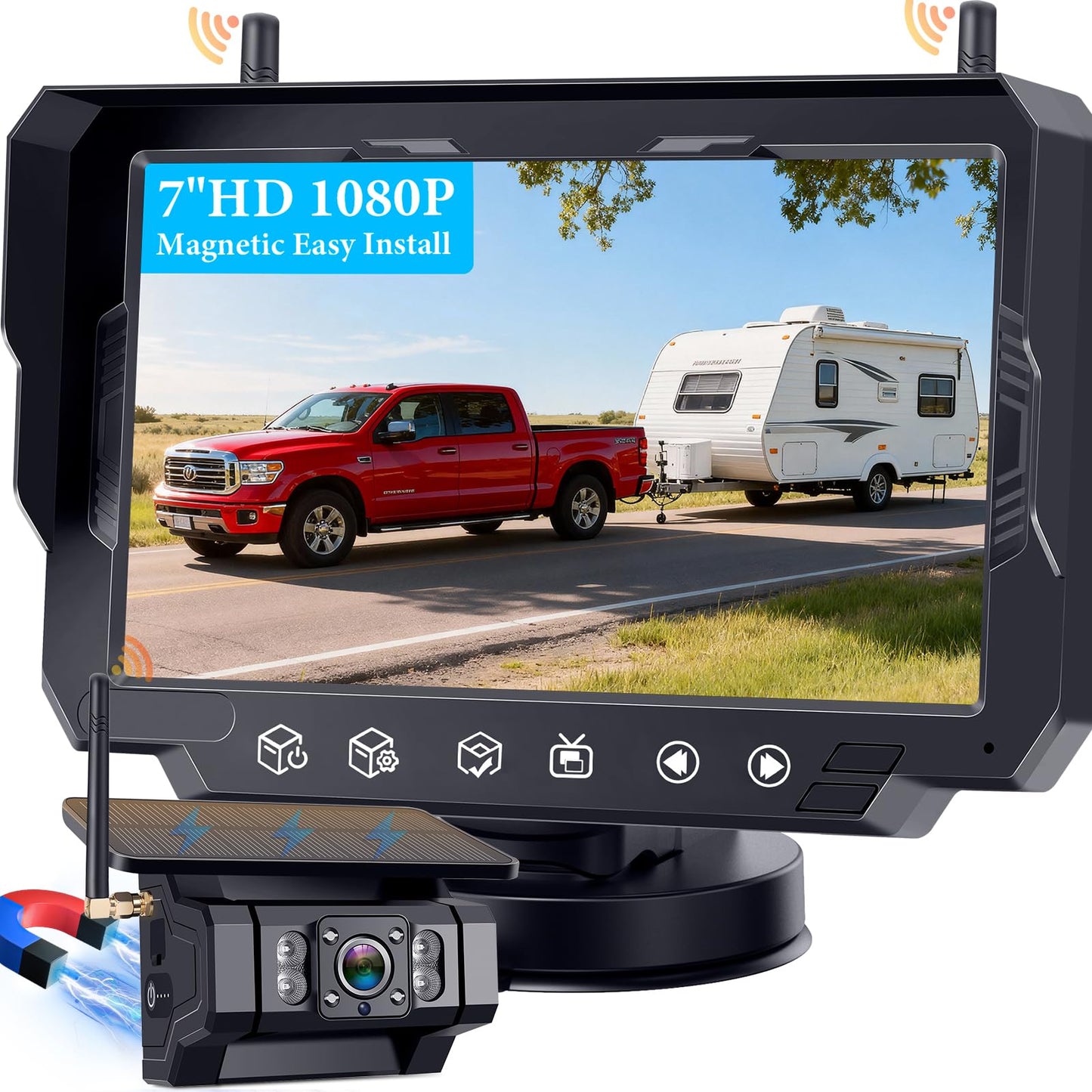 7" Wireless Solar Magnetic Backup Camera System for RV Truck Trailer HD Night Vision Easy Install