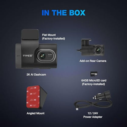 Type S AI Driver Assistance Dash Cam Powered by ADAS, 1440p, Collision Alerts, Lane and Pedestrian Detection, Vehicle Departure Reminders, Front Rear 2 Channel Smart 24/7 Video Surveillance