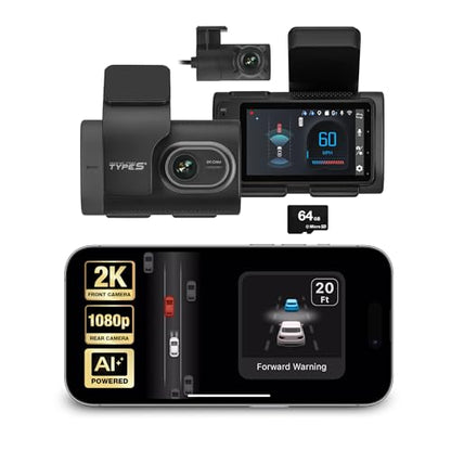 Type S AI Driver Assistance Dash Cam Powered by ADAS, 1440p, Collision Alerts, Lane and Pedestrian Detection, Vehicle Departure Reminders, Front Rear 2 Channel Smart 24/7 Video Surveillance