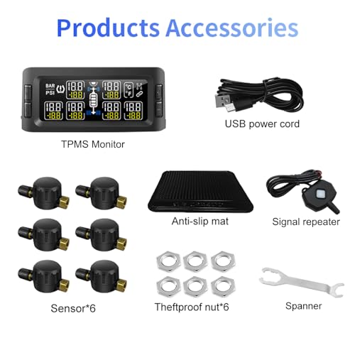 Trailer RV TPMS Solar Tire Pressure Monitoring System with 6 Sensors Signal Repeater Real-Time Display Pressure Temperature Alerts
