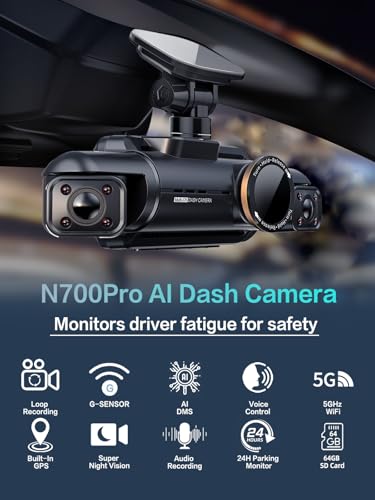 Neideso 360° View 4K 2160P Dash Cam Front and Rear, 4 Channel Dash Camera for Cars, AI Fatigue Driving Monitor, 5G WiFi GPS, 8 IR Lamps Night Vision, Free 64G Card Included, 24H Parking Mode, N700Pro