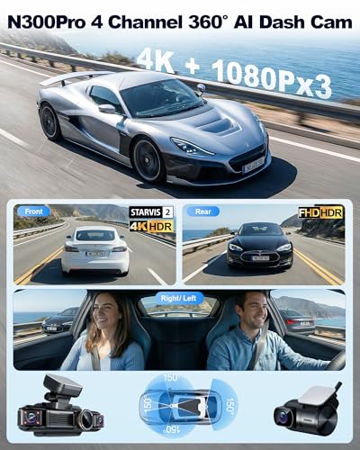 N300Pro 4K 4 Channel Dash Cam Front and Rear, STARVIS 2 Sensor, 3" Touch Screen, 5.8GHz WiFi GPS, 360° Car Dash Camera, AI Driver Monitor System, Free 64GB Card, WDR Night Vision HDR, 24H Parking Mode
