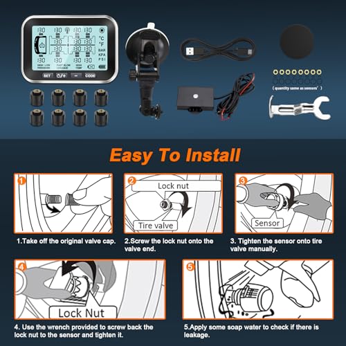 RV Trailer TPMS Tire Pressure Monitoring System with 4 Sensors and Real-Time Pressure & Temperature Alerts