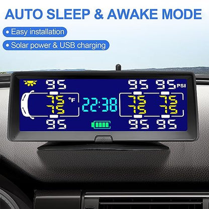 Solar RV TPMS Trailer Tire Pressure Monitoring System with Real-Time Pressure and Temperature Display