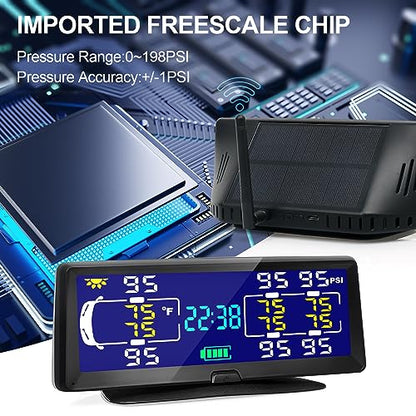 Solar RV TPMS Trailer Tire Pressure Monitoring System with Real-Time Pressure and Temperature Display