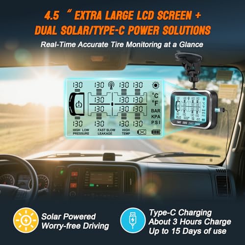 RV Trailer TPMS Tire Pressure Monitoring System with 4 Sensors and Real-Time Pressure & Temperature Alerts