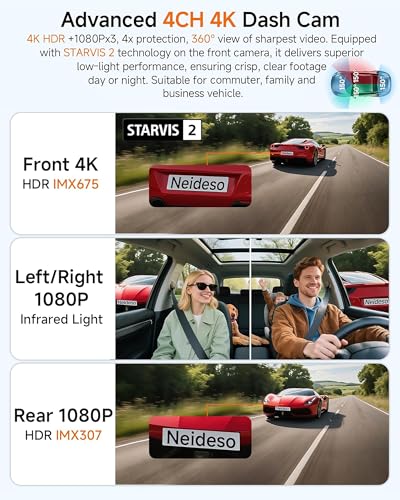 4K STARVIS 2 Dash Cam Front and Rear, 360° 4 Channel Dash Camera for Cars, Car Video Recorder with AI Driver Monitor System, Free 128GB Card, 5GHz WiFi GPS, WDR Night Vision HDR,24H Parking Mode(N900)
