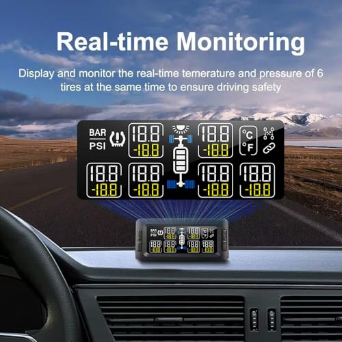Trailer RV TPMS Solar Tire Pressure Monitoring System with 6 Sensors Signal Repeater Real-Time Display Pressure Temperature Alerts