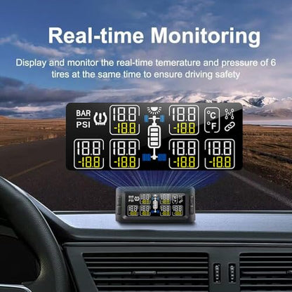 Trailer RV TPMS Solar Tire Pressure Monitoring System with 6 Sensors Signal Repeater Real-Time Display Pressure Temperature Alerts