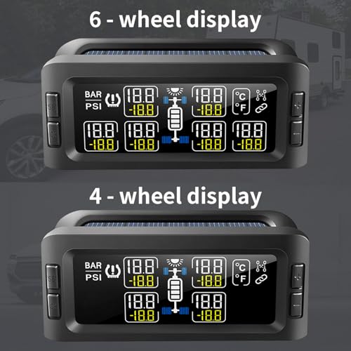 Trailer RV TPMS Solar Tire Pressure Monitoring System with 6 Sensors Signal Repeater Real-Time Display Pressure Temperature Alerts