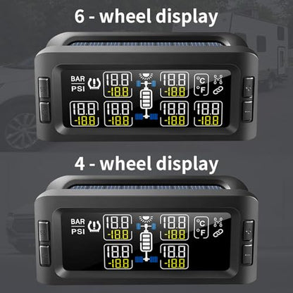 Trailer RV TPMS Solar Tire Pressure Monitoring System with 6 Sensors Signal Repeater Real-Time Display Pressure Temperature Alerts