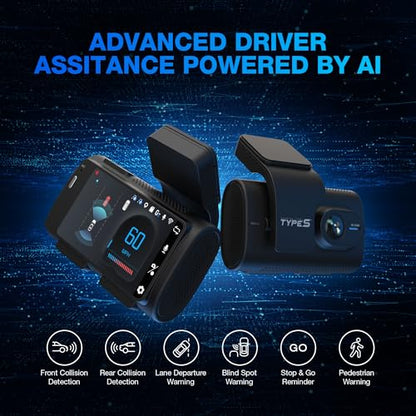 Type S AI Driver Assistance Dash Cam Powered by ADAS, 1440p, Collision Alerts, Lane and Pedestrian Detection, Vehicle Departure Reminders, Front Rear 2 Channel Smart 24/7 Video Surveillance