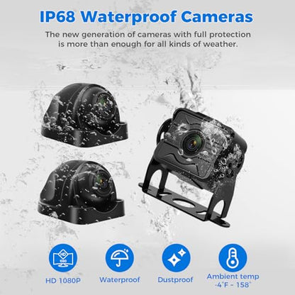 3-Channel 1080P Backup Camera System with 10.1" Monitor for Truck RV Split Screen Night Vision IP68