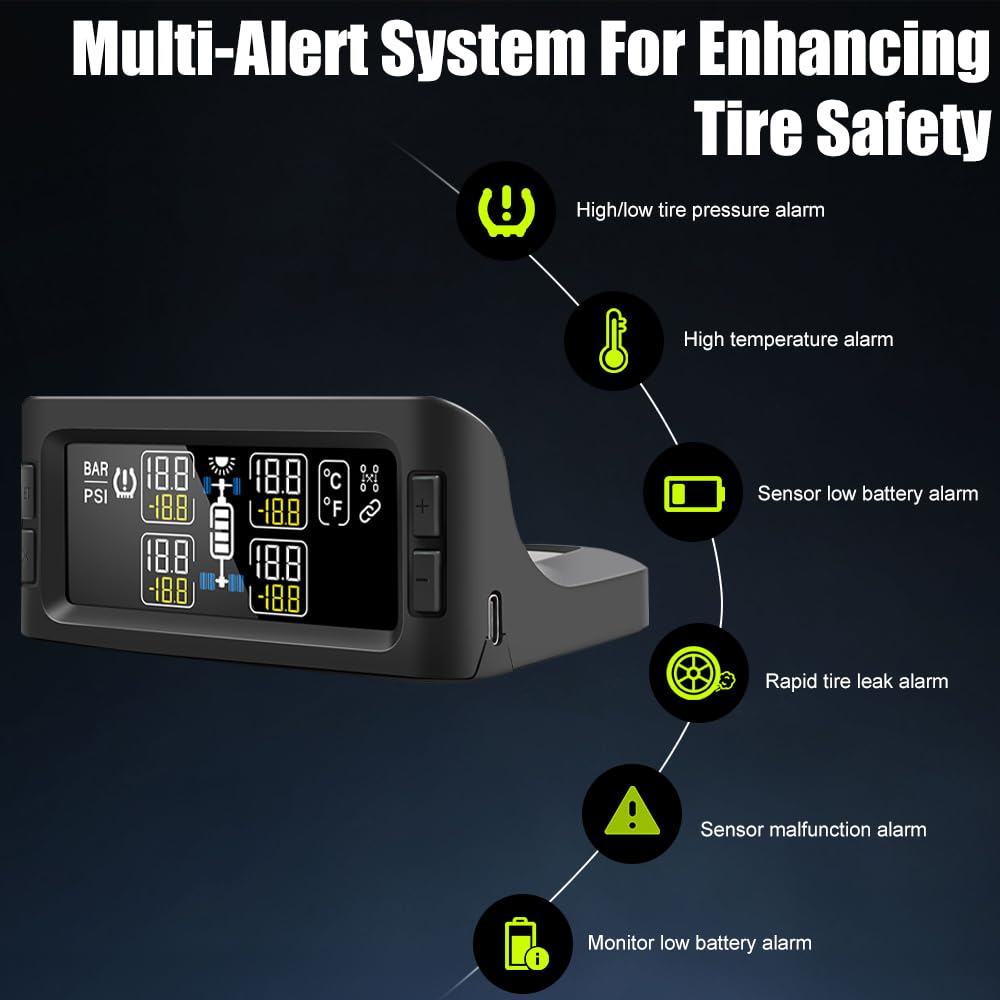 RV TPMS Tire Pressure Monitoring System Solar Display 4 Sensors Real Time Alerts Wireless Monitoring