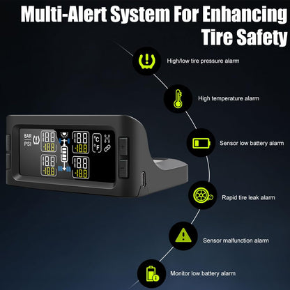 RV TPMS Tire Pressure Monitoring System Solar Display 4 Sensors Real Time Alerts Wireless Monitoring