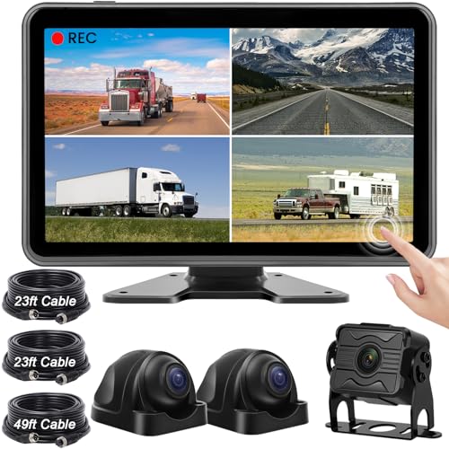 3-Channel 1080P Backup Camera System with 10.1" Monitor for Truck RV Split Screen Night Vision IP68