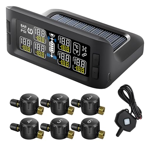 Trailer RV TPMS Solar Tire Pressure Monitoring System with 6 Sensors Signal Repeater Real-Time Display Pressure Temperature Alerts