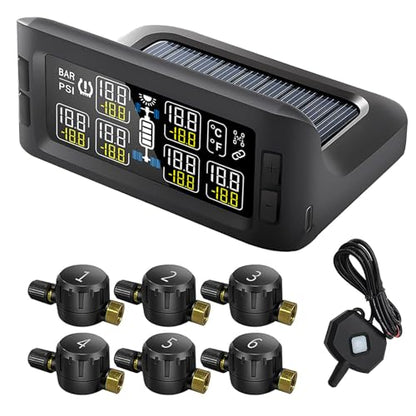 Trailer RV TPMS Solar Tire Pressure Monitoring System with 6 Sensors Signal Repeater Real-Time Display Pressure Temperature Alerts