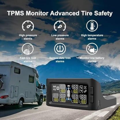 Trailer RV TPMS Solar Tire Pressure Monitoring System with 6 Sensors Signal Repeater Real-Time Display Pressure Temperature Alerts