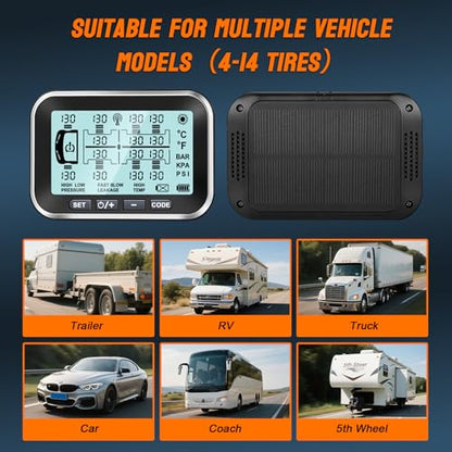RV Trailer TPMS Tire Pressure Monitoring System with 4 Sensors and Real-Time Pressure & Temperature Alerts