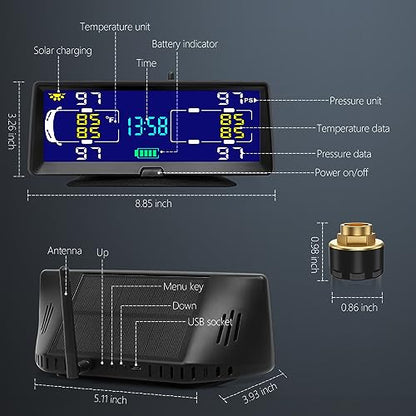 Solar RV TPMS Trailer Tire Pressure Monitoring System with Real-Time Pressure and Temperature Display