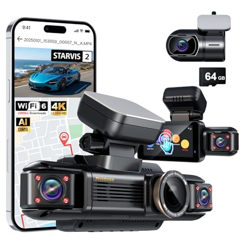 N300Pro 4K 4 Channel Dash Cam Front and Rear, STARVIS 2 Sensor, 3" Touch Screen, 5.8GHz WiFi GPS, 360° Car Dash Camera, AI Driver Monitor System, Free 64GB Card, WDR Night Vision HDR, 24H Parking Mode