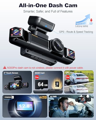 N300Pro 4K 4 Channel Dash Cam Front and Rear, STARVIS 2 Sensor, 3" Touch Screen, 5.8GHz WiFi GPS, 360° Car Dash Camera, AI Driver Monitor System, Free 64GB Card, WDR Night Vision HDR, 24H Parking Mode