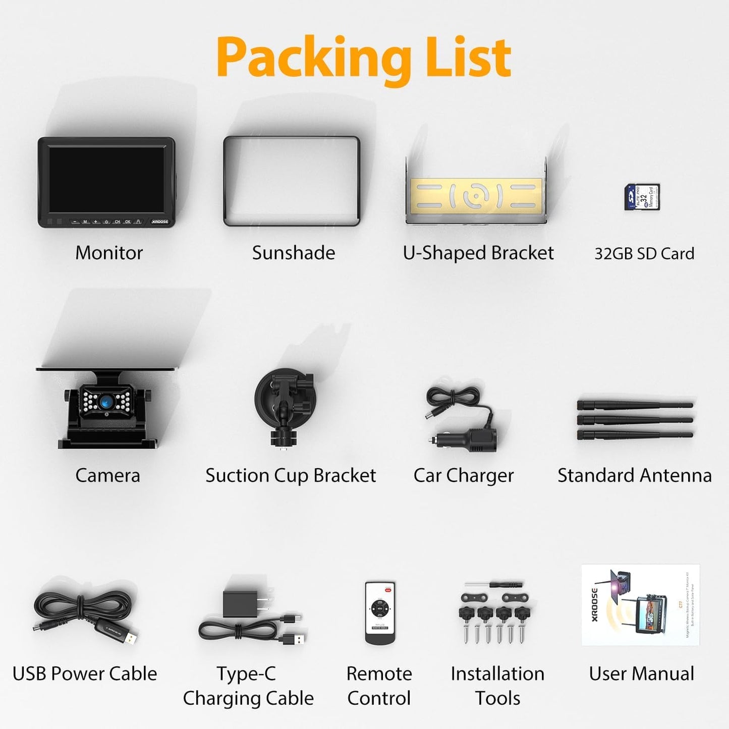 Solar Wireless Backup Camera System with 7" Monitor 4CH DVR 15000mAh Battery Loop Recording HD Night Vision No-Wiring Install