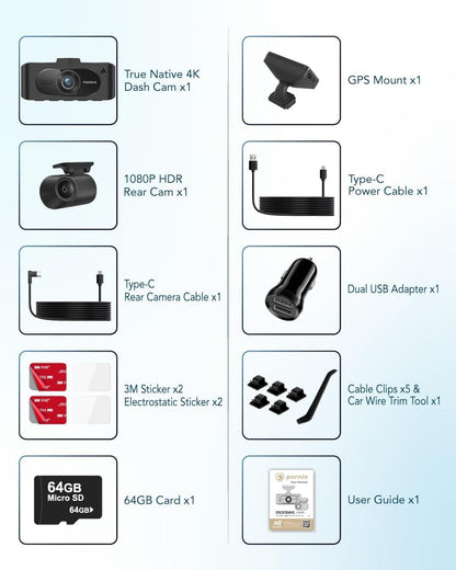 4K AI Dash Cam Front & Rear with STARVIS Sensor GPS WiFi Parking Mode Night Vision