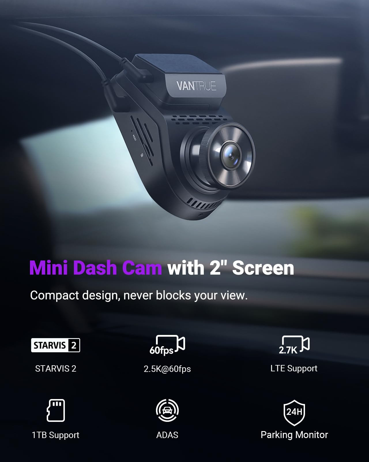 Vantrue S1 Pro Dash Cam STARVIS 2, Dash Camera for Cars, ADAS, App Control, Built-in WiFi GPS, G-Sensor, Loop Recording, Night Vision, 24H Parking Mode, 158°, 2" IPS