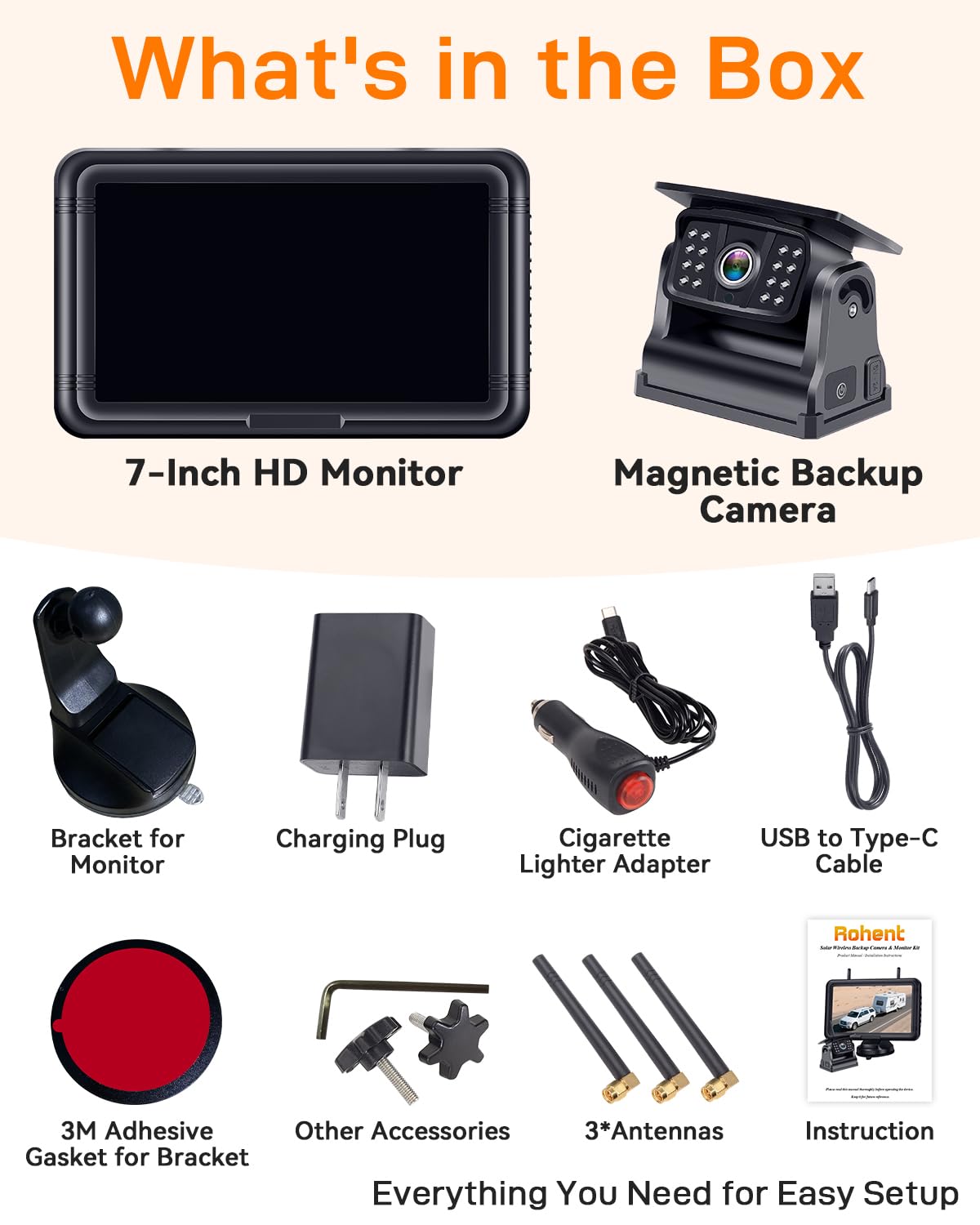 7" Wireless Solar Magnetic Backup Camera System for RV Truck Trailer HD Night Vision Easy Install