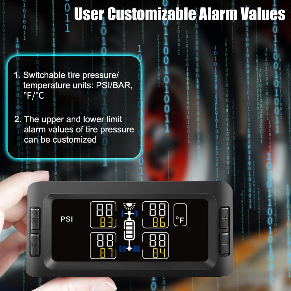 RV TPMS Tire Pressure Monitoring System Solar Display 4 Sensors Real Time Alerts Wireless Monitoring