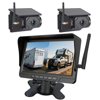 Magnetic Solar Wireless Backup Camera System with 7" Monitor 1080P HD DVR Loop Recording for RV Truck Trailer