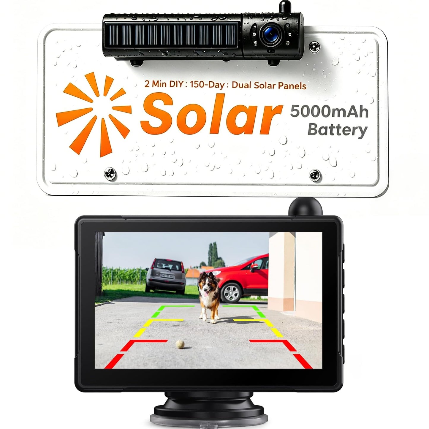Solar Wireless Backup Camera 5" HD 1080P Monitor 2-Channel Night Vision License Plate System with Battery Easy Install for Truck Pickup