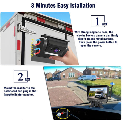Magnetic Solar Wireless Backup Camera System with 7" Monitor 1080P HD DVR Loop Recording for RV Truck Trailer