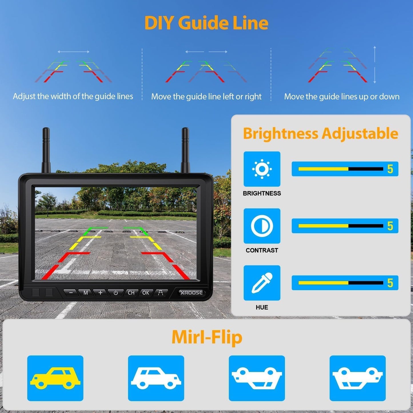Solar Wireless Backup Camera System with 7" Monitor 4CH DVR 15000mAh Battery Loop Recording HD Night Vision No-Wiring Install