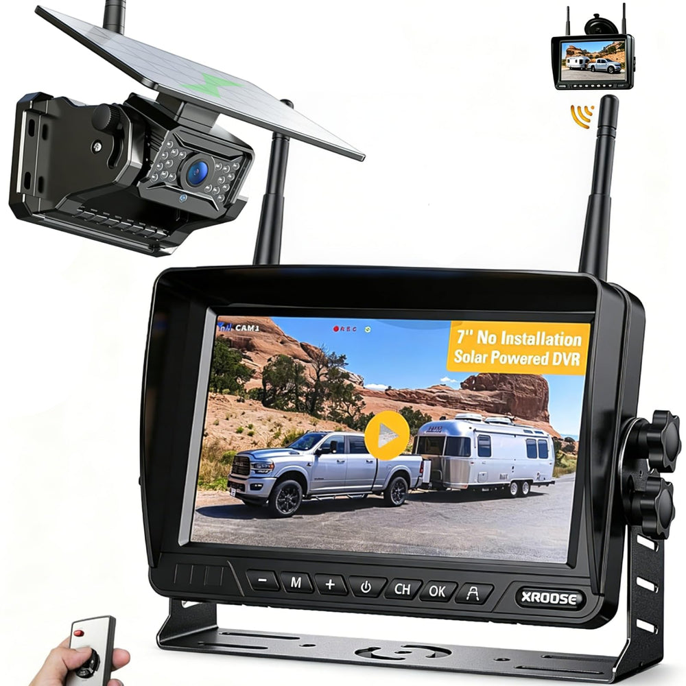 Solar Wireless Backup Camera System with 7" Monitor 4CH DVR 15000mAh Battery Loop Recording HD Night Vision No-Wiring Install