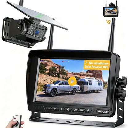 Solar Wireless Backup Camera System with 7" Monitor 4CH DVR 15000mAh Battery Loop Recording HD Night Vision No-Wiring Install