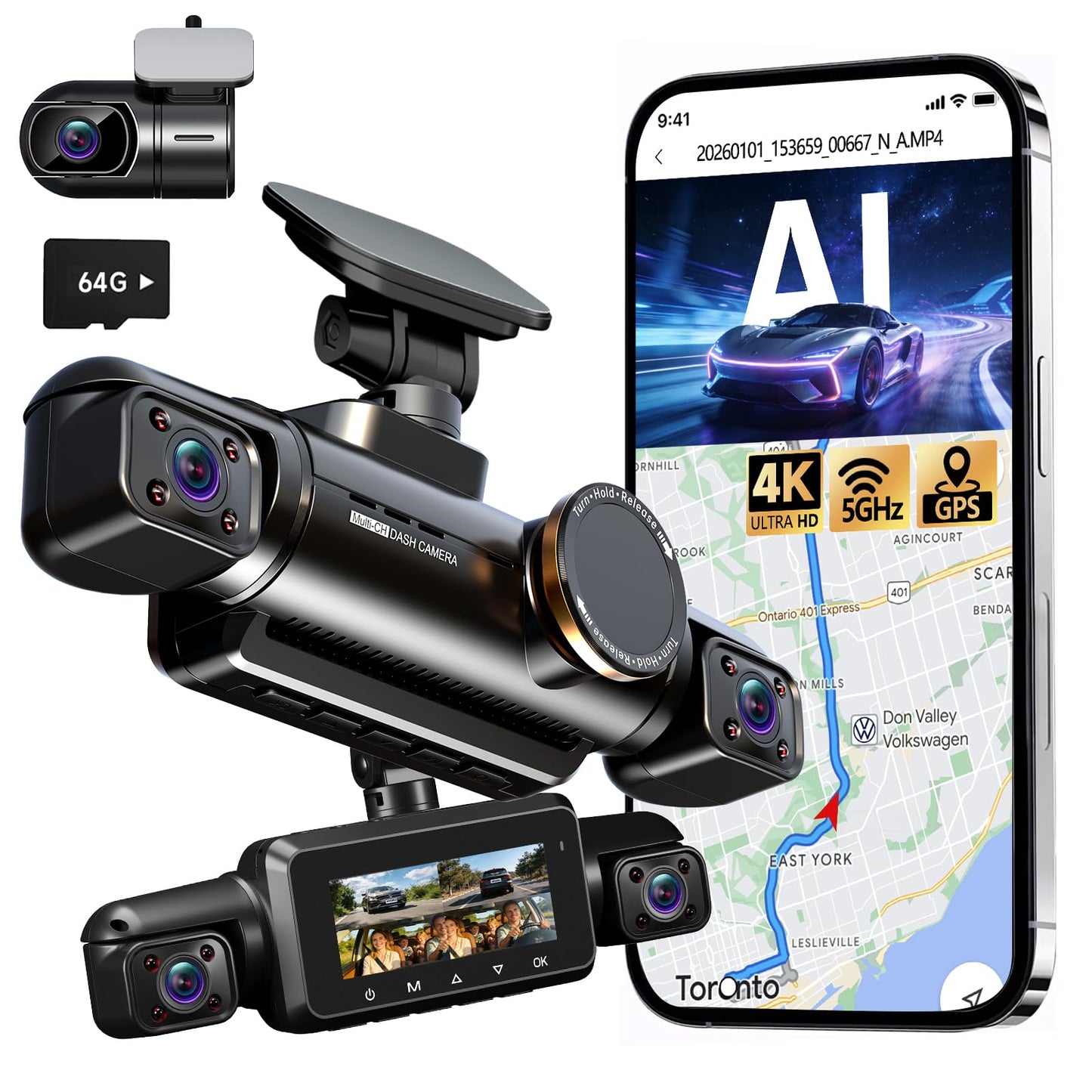 Neideso 360° View 4K 2160P Dash Cam Front and Rear, 4 Channel Dash Camera for Cars, AI Fatigue Driving Monitor, 5G WiFi GPS, 8 IR Lamps Night Vision, Free 64G Card Included, 24H Parking Mode, N700Pro