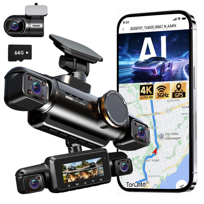 Neideso 360° View 4K 2160P Dash Cam Front and Rear, 4 Channel Dash Camera for Cars, AI Fatigue Driving Monitor, 5G WiFi GPS, 8 IR Lamps Night Vision, Free 64G Card Included, 24H Parking Mode, N700Pro