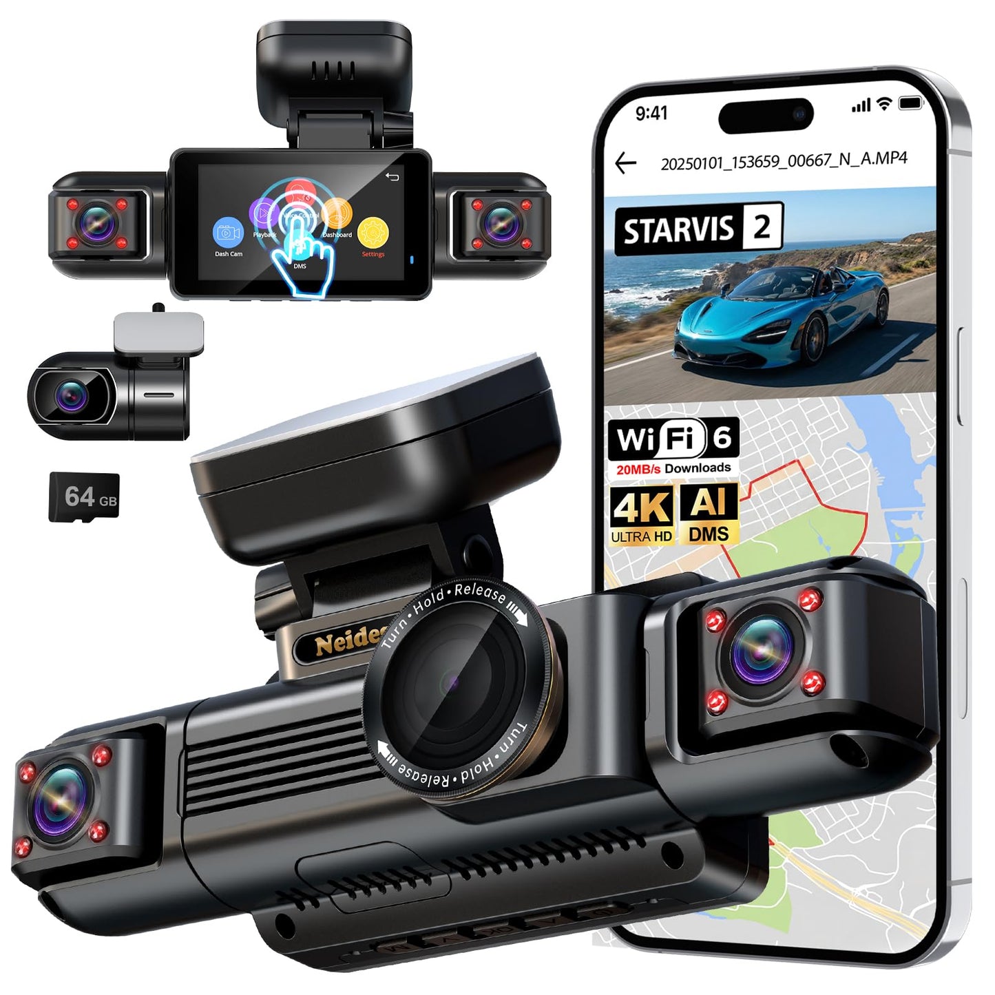 4K STARVIS 2 AI Dash Cam Front & Rear 4-Channel with Driver Monitor GPS WiFi Night Vision Parking Mode Touch Screen