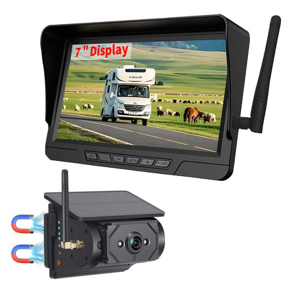 Magnetic Solar Wireless Backup Camera System with 7" Monitor 1080P HD DVR Loop Recording for RV Truck Trailer