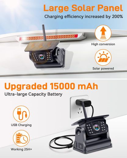 7" Wireless Solar Magnetic Backup Camera System for RV Truck Trailer HD Night Vision Easy Install