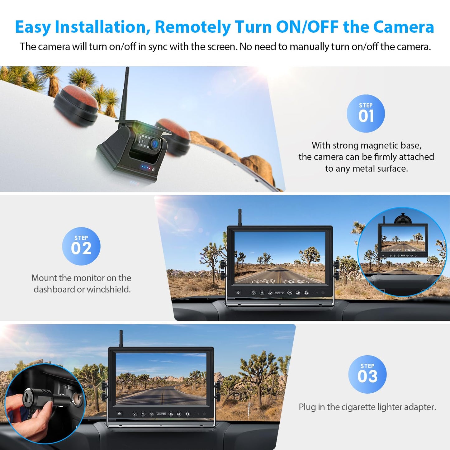 Solar Magnetic Wireless Backup Camera System with HD Display Night Vision Easy Install