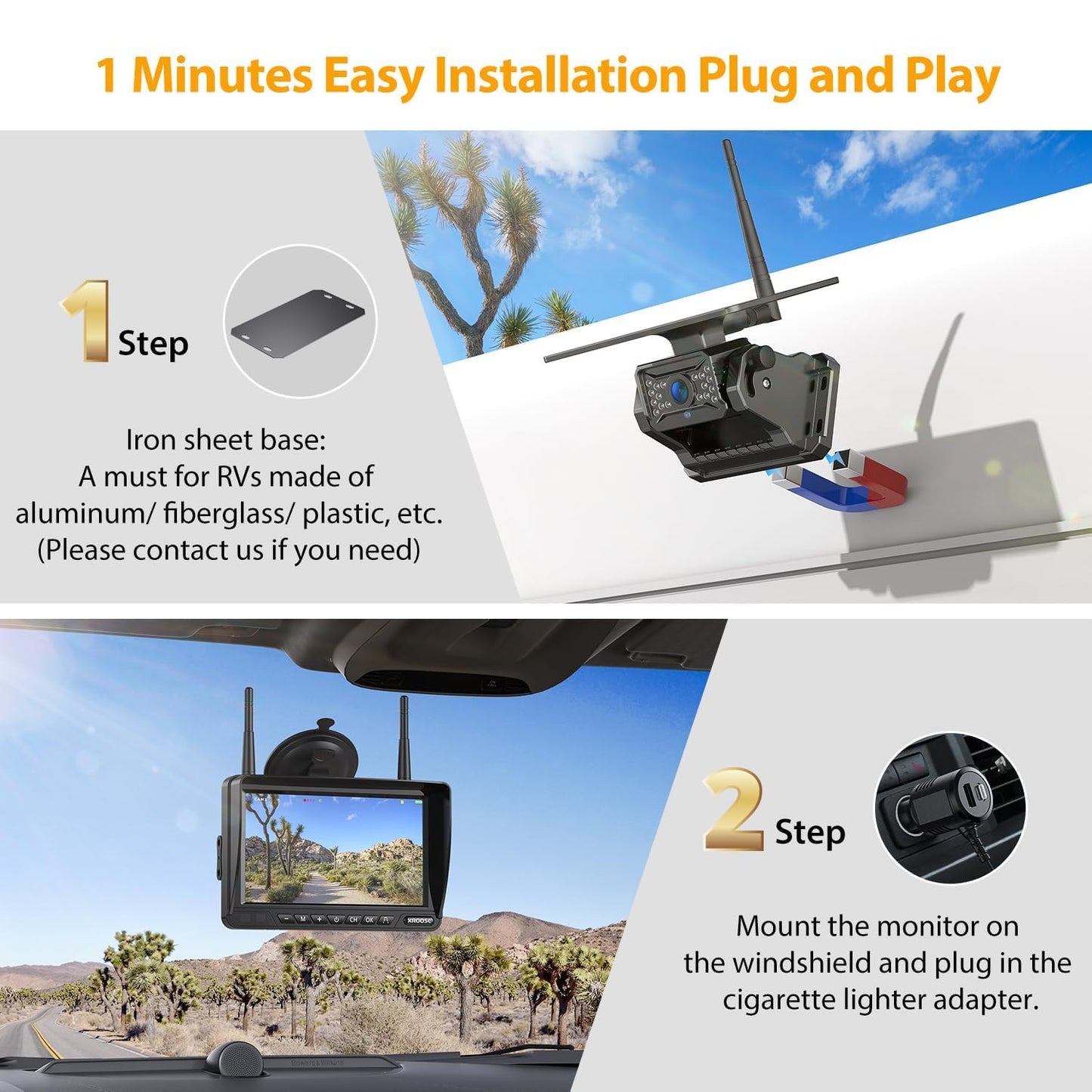 Solar Wireless Backup Camera System with 7" Monitor 4CH DVR 15000mAh Battery Loop Recording HD Night Vision No-Wiring Install