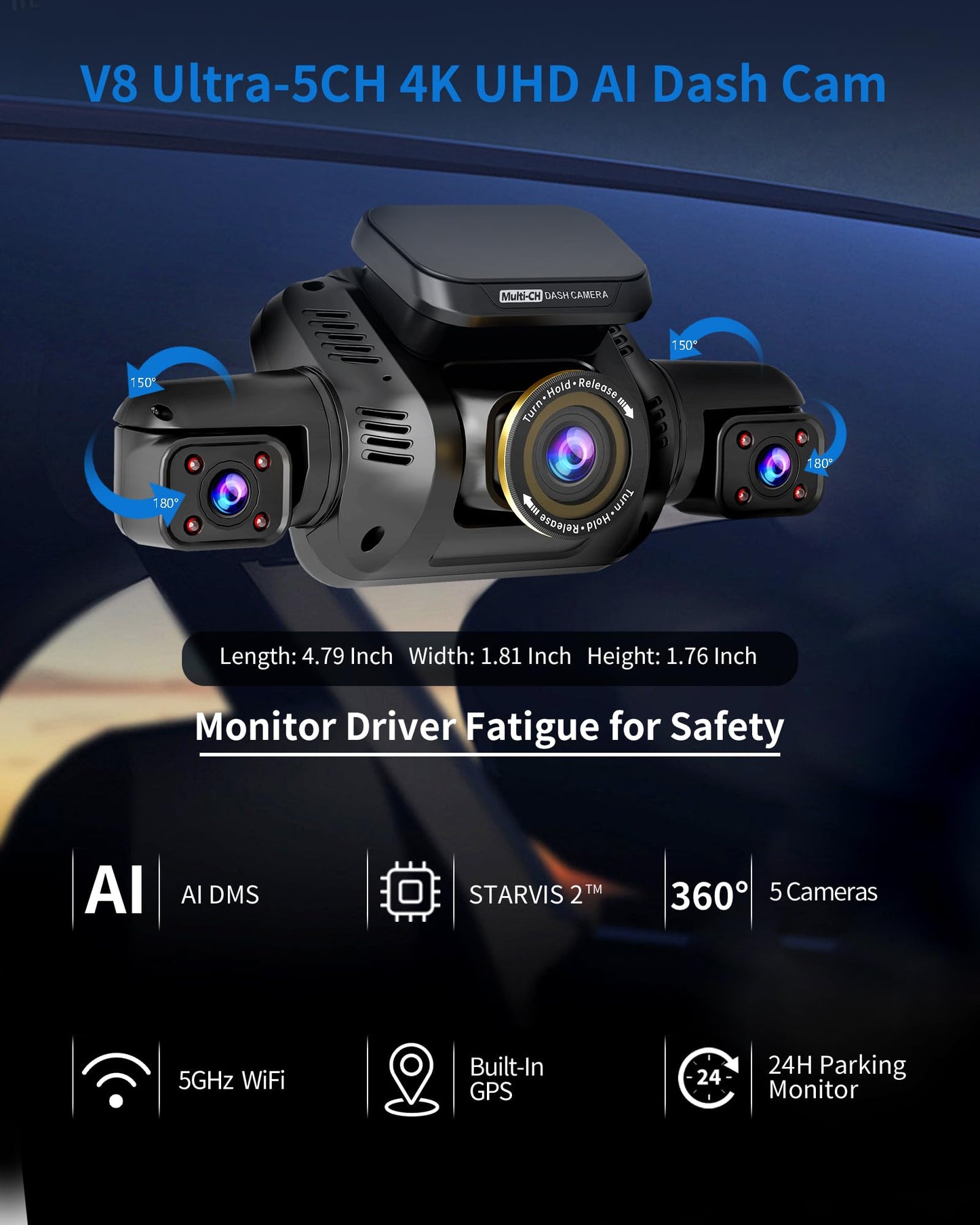 5-Channel AI Dash Cam with Driver Monitoring System STARVIS 2 360° View GPS WiFi Night Vision Parking Mode