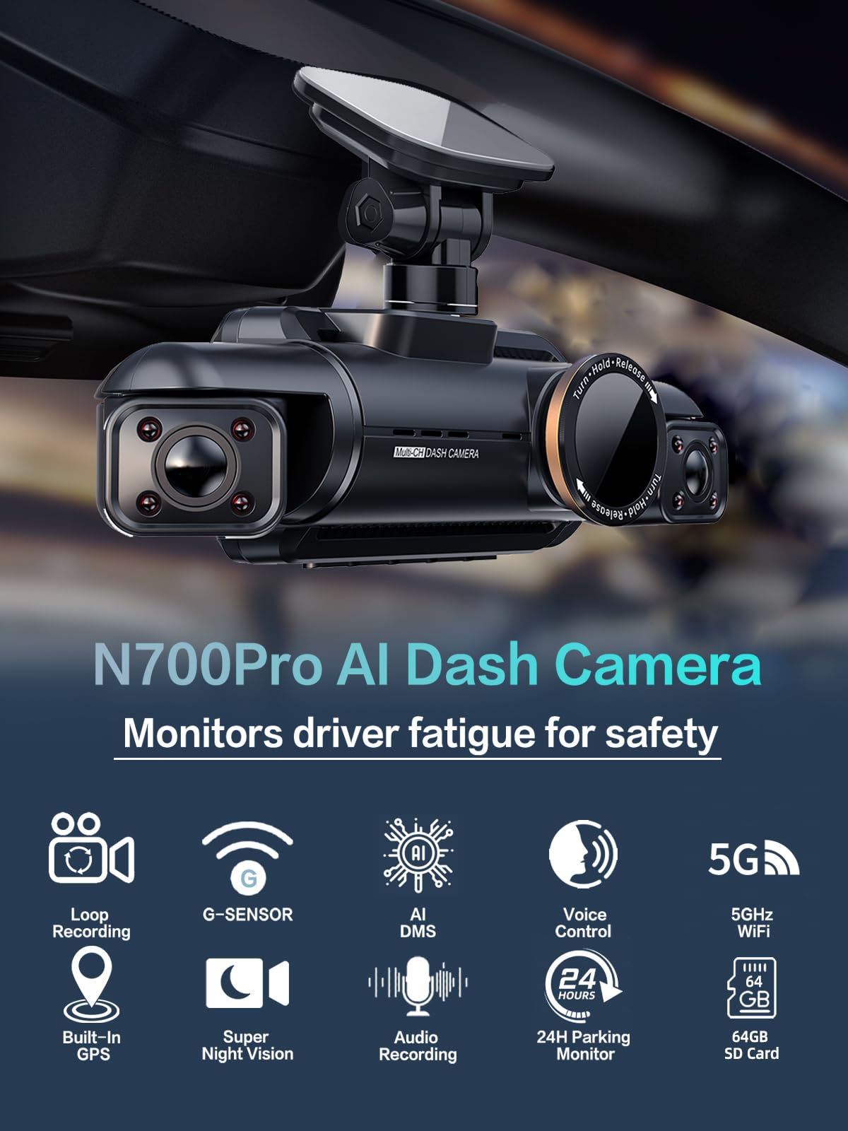 Neideso 360° View 4K 2160P Dash Cam Front and Rear, 4 Channel Dash Camera for Cars, AI Fatigue Driving Monitor, 5G WiFi GPS, 8 IR Lamps Night Vision, Free 64G Card Included, 24H Parking Mode, N700Pro
