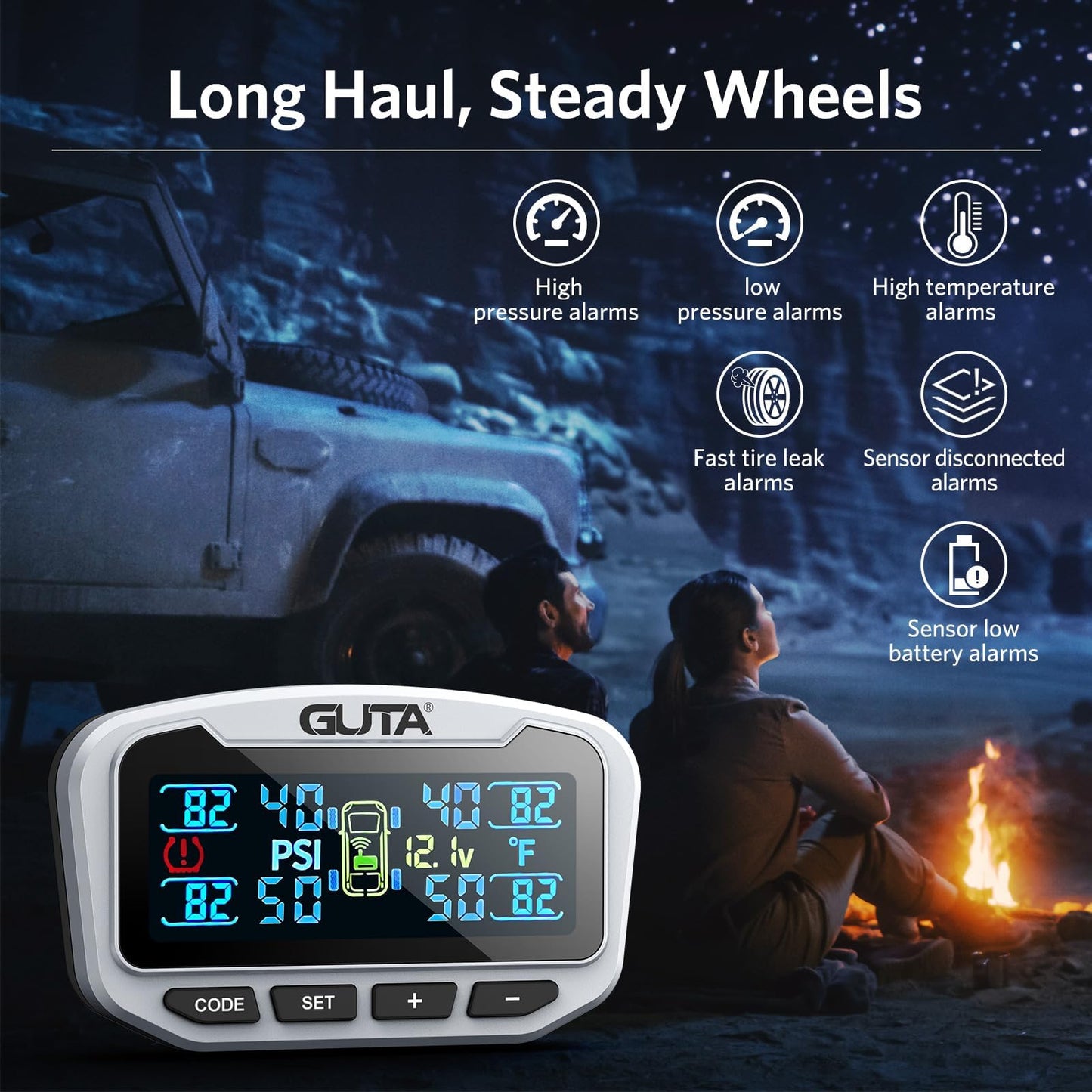 Trailer Tire Pressure Monitoring System GT50 Real-Time Pressure and Temperature Display for RV and Truck Safety